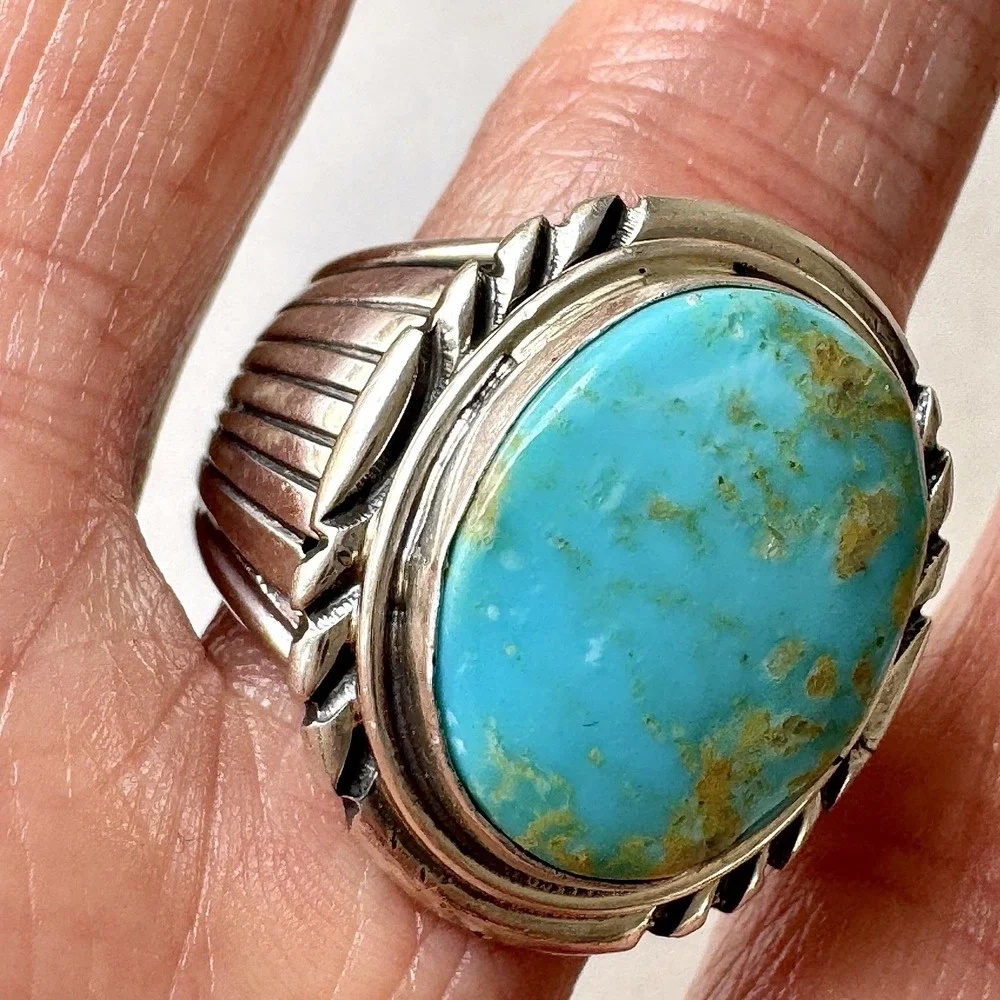 Navajo Mens Turquoise Ring Sz 12 Stamped Signed Denetdale Fans‎ Sterling Native